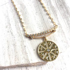 CZ bar w/ Gold medallion / Moon Star Protective Eye Necklace